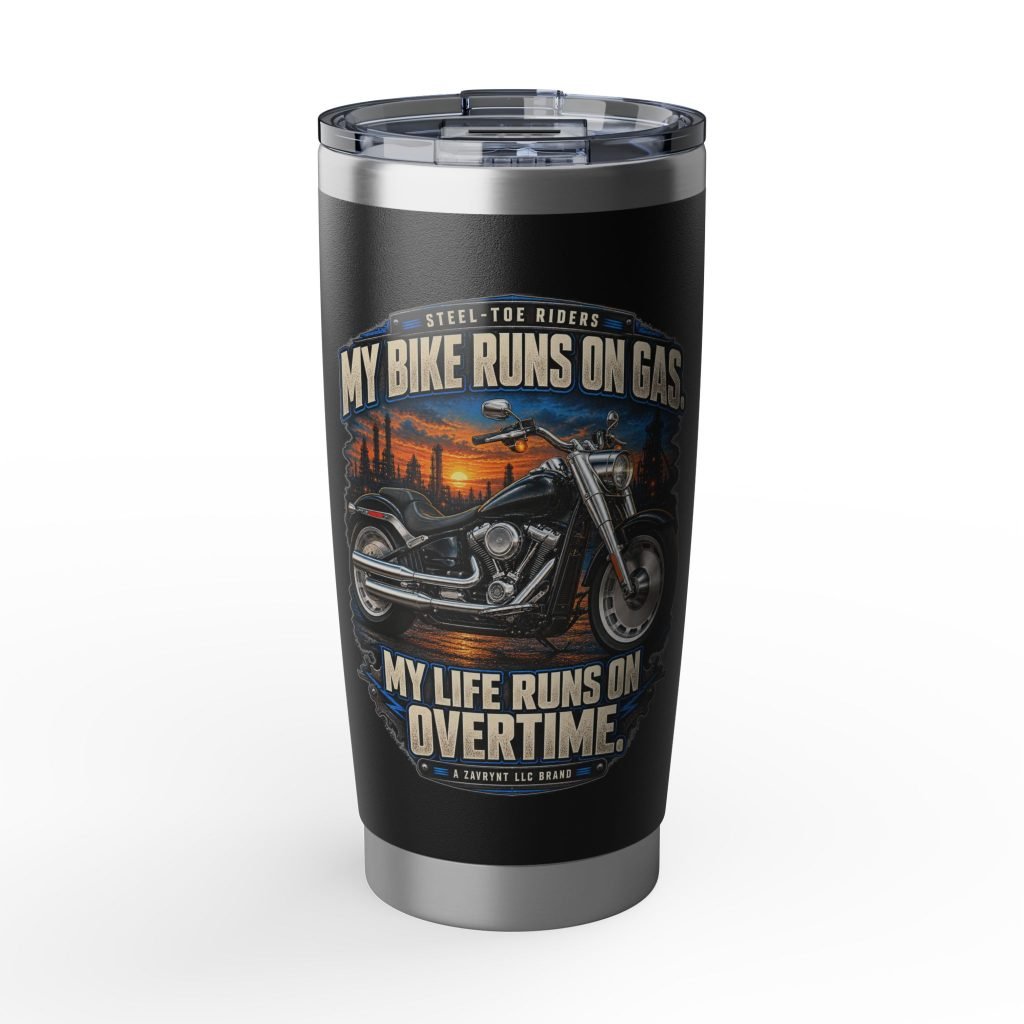 My Bike Runs on Gas. My Life Runs on Overtime. | Steel-Toe Riders Black 20oz Tumbler