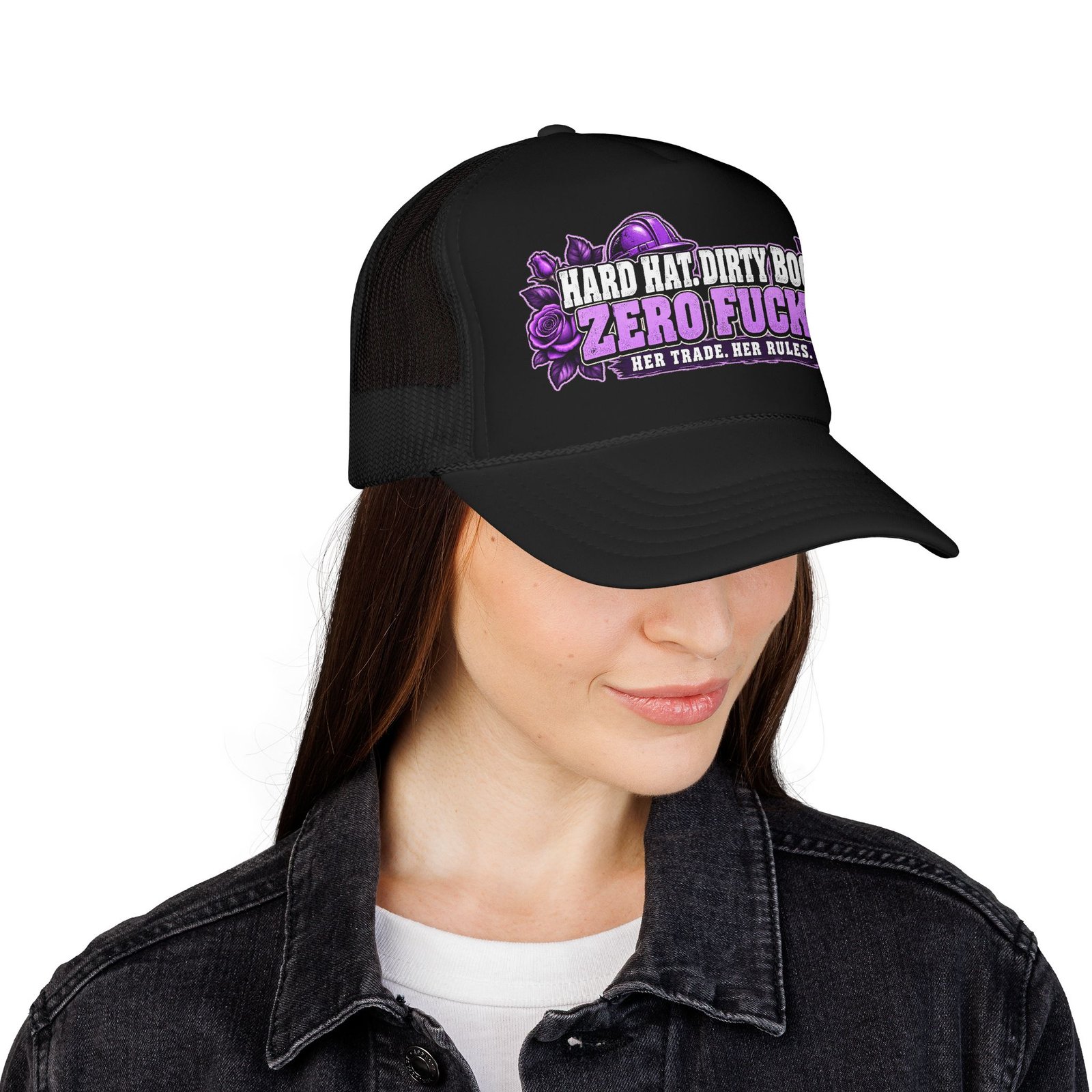 Hard hat. Dirty boots. Zero fucks. | Black Foam Trucker Hat — Purple Roses | Her Trade. Her RULES. - Image 4