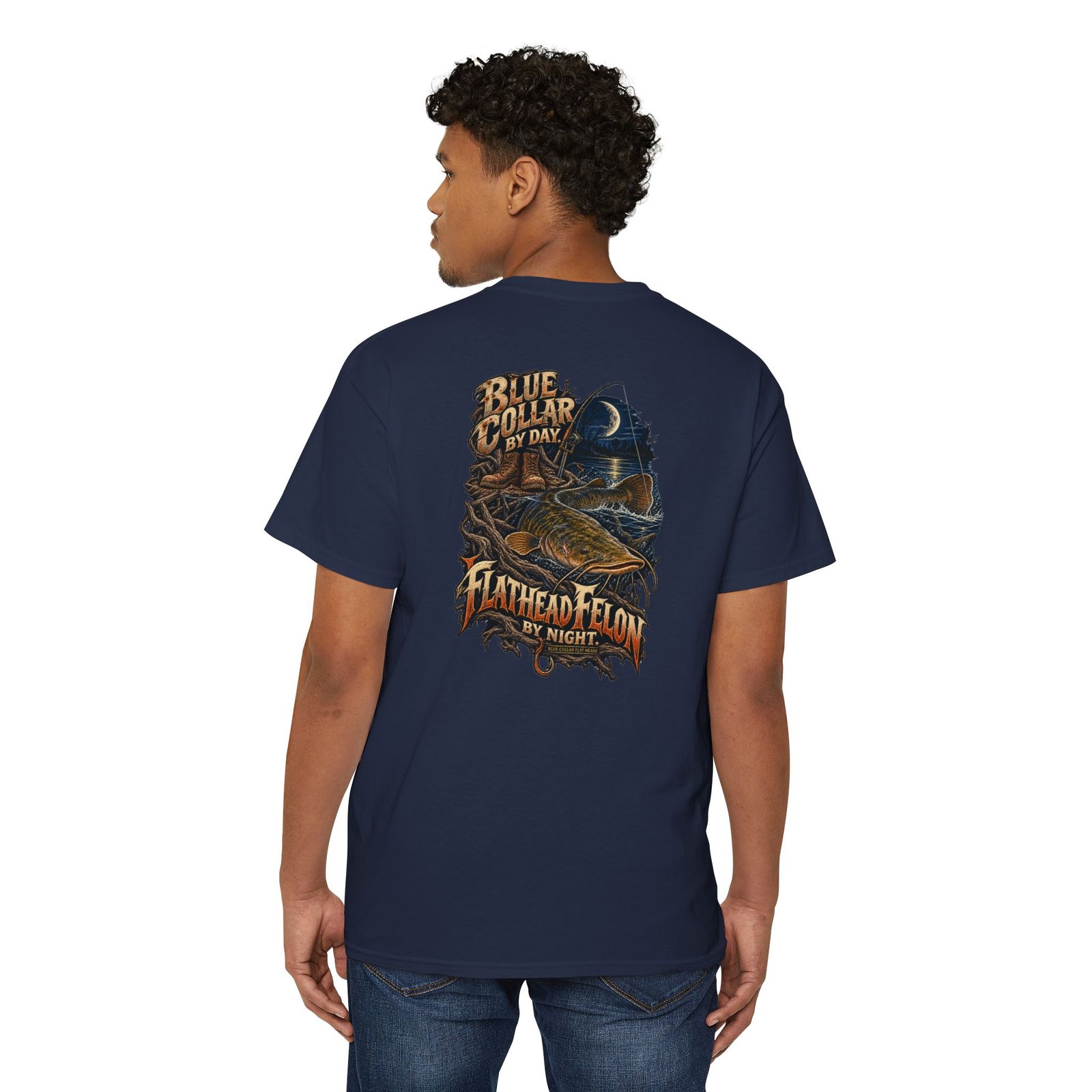 Blue Collar Flat Heads — Blue Collar by Day, Flathead Felon by Night Pocket Tee - Image 16