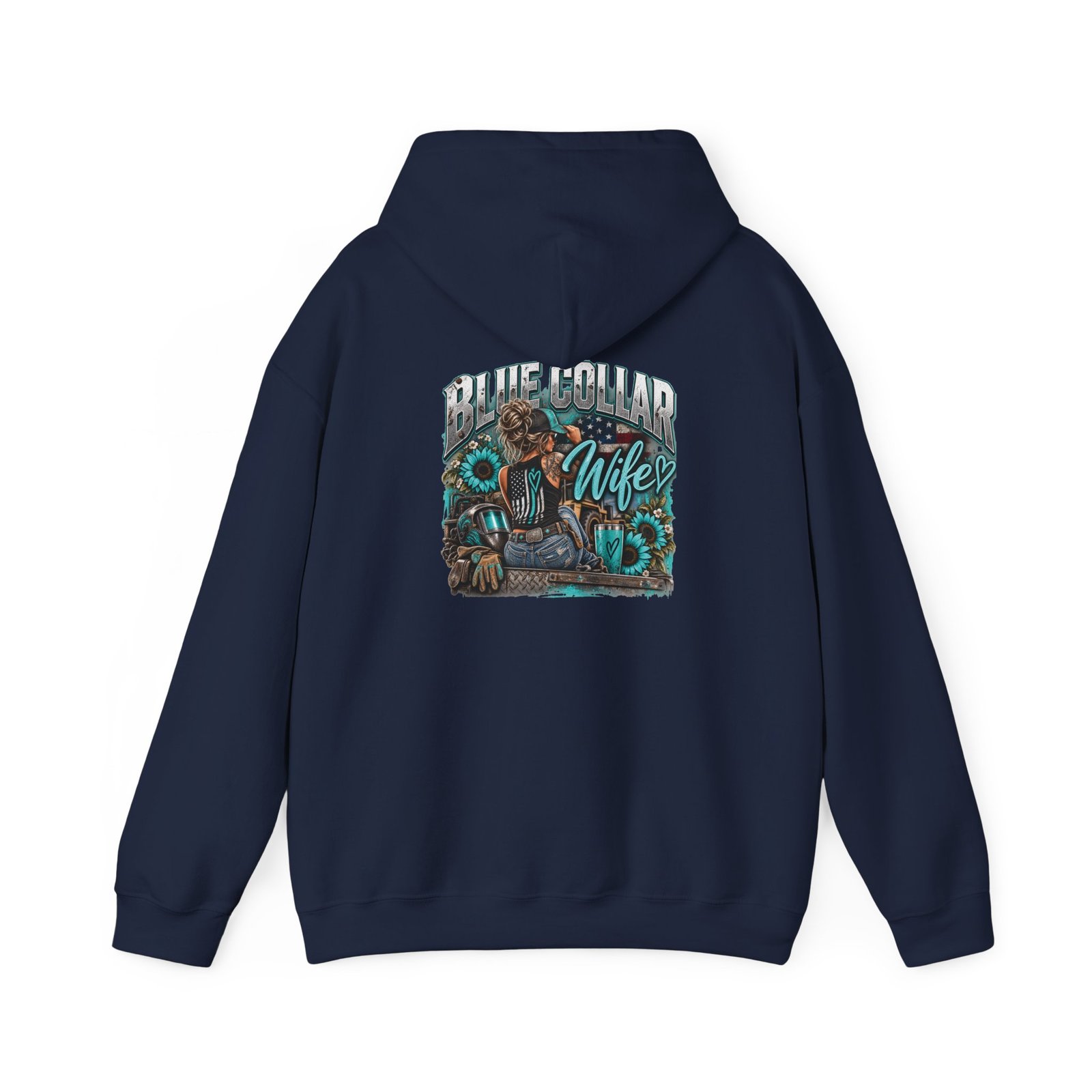 Blue Collar Wife | Turquoise Sunflower Back-Print Hoodie — Her Trade. Her RULES. - Image 10
