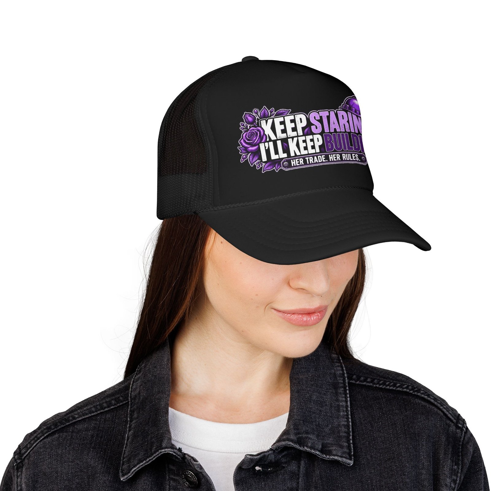Keep staring. I’ll keep building. | Black Foam Trucker Hat — Purple Roses | Her Trade. Her RULES. - Image 4