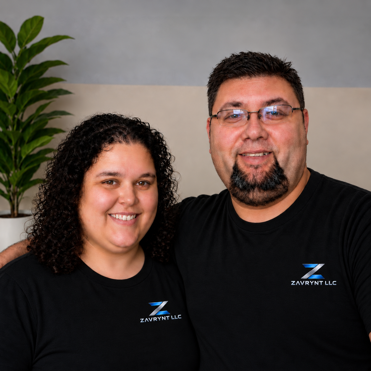 Mandy and Brandon Helton wearing black shirts with pocket-sized Zavrynt LLC logos