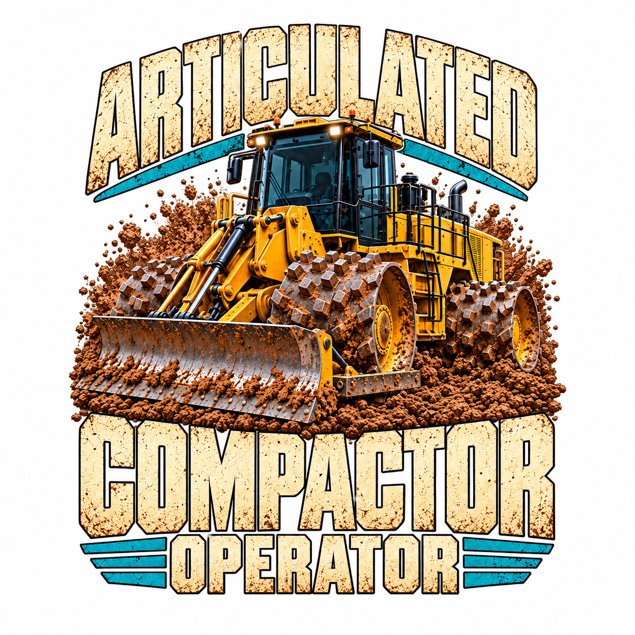 Articulated Compactor Operator artwork with yellow compactor, cream lettering and teal accents on a white square sticker
