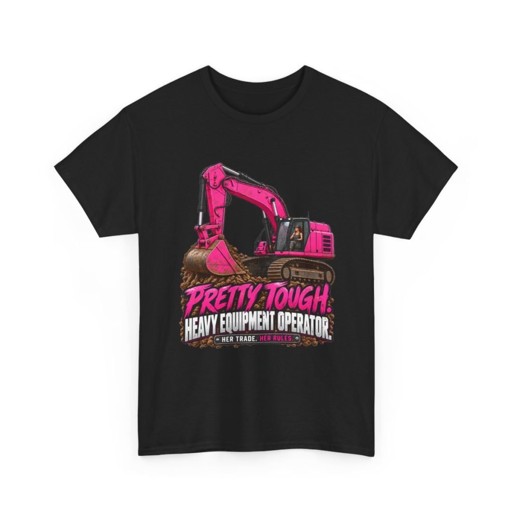 Pretty Tough hot pink excavator design on a black T-shirt