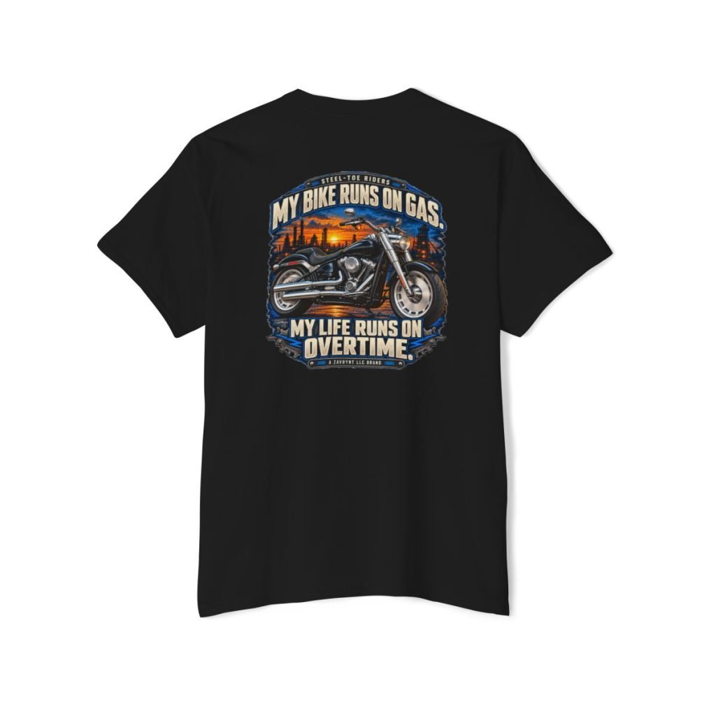 Printed back of the My Bike Runs on Gas Steel-Toe Riders pocket T-shirt